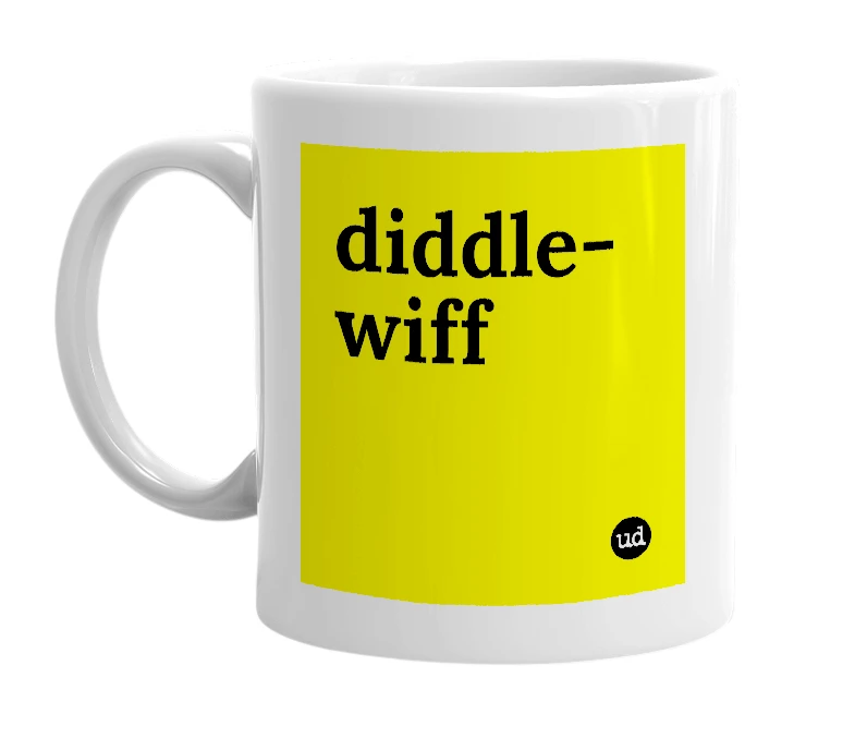 White mug with 'diddle-wiff' in bold black letters