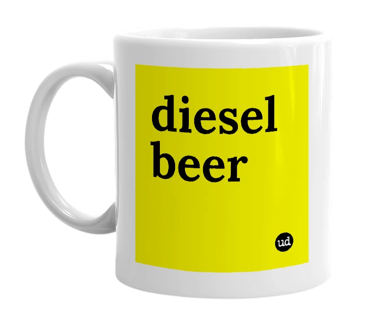 White mug with 'diesel beer' in bold black letters