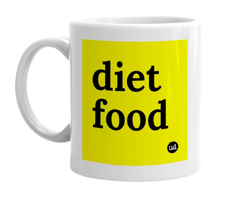 White mug with 'diet food' in bold black letters
