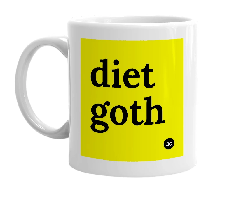 White mug with 'diet goth' in bold black letters