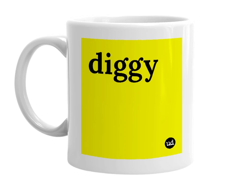 White mug with 'diggy' in bold black letters
