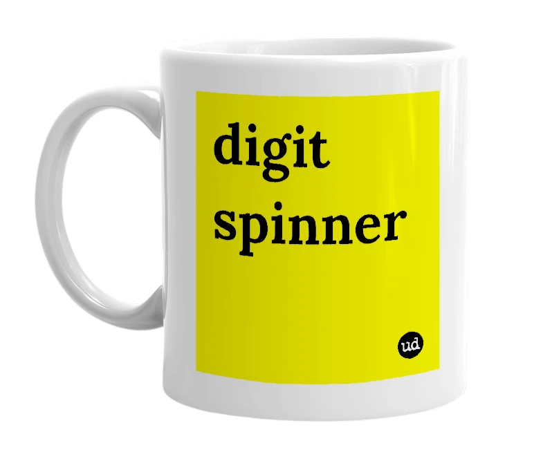 White mug with 'digit spinner' in bold black letters