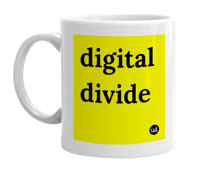 White mug with 'digital divide' in bold black letters