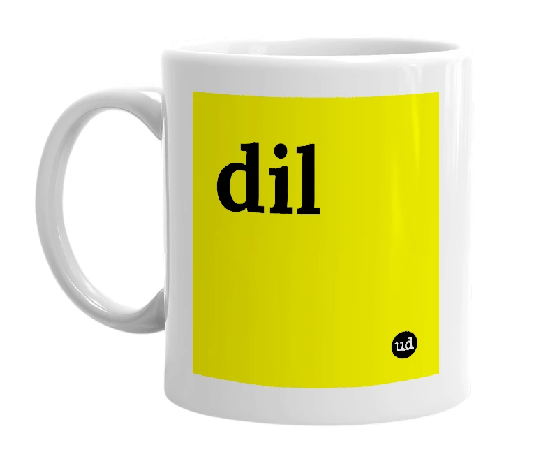 White mug with 'dil' in bold black letters