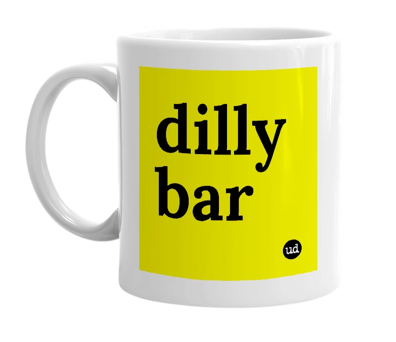 White mug with 'dilly bar' in bold black letters