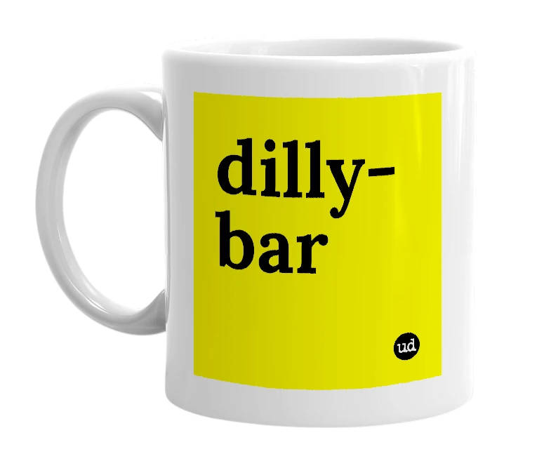 White mug with 'dilly-bar' in bold black letters