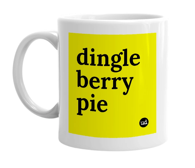 White mug with 'dingle berry pie' in bold black letters