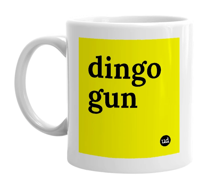 White mug with 'dingo gun' in bold black letters