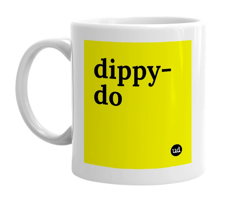 White mug with 'dippy-do' in bold black letters