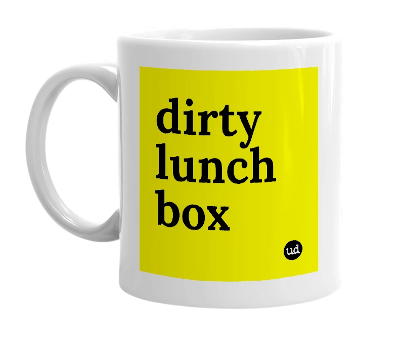 White mug with 'dirty lunch box' in bold black letters