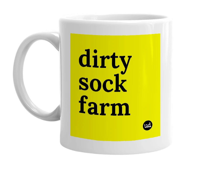 White mug with 'dirty sock farm' in bold black letters