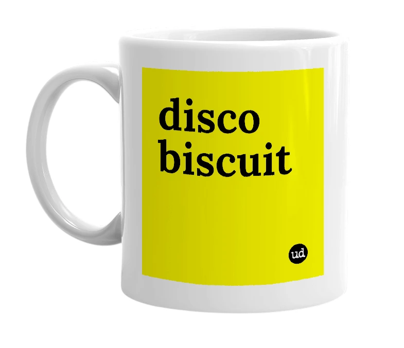 White mug with 'disco biscuit' in bold black letters