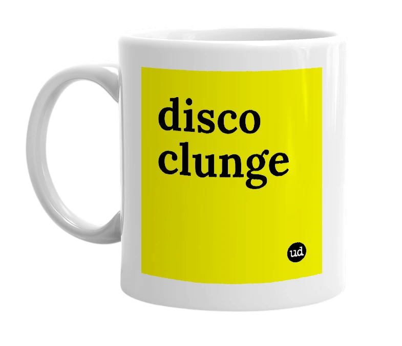 White mug with 'disco clunge' in bold black letters