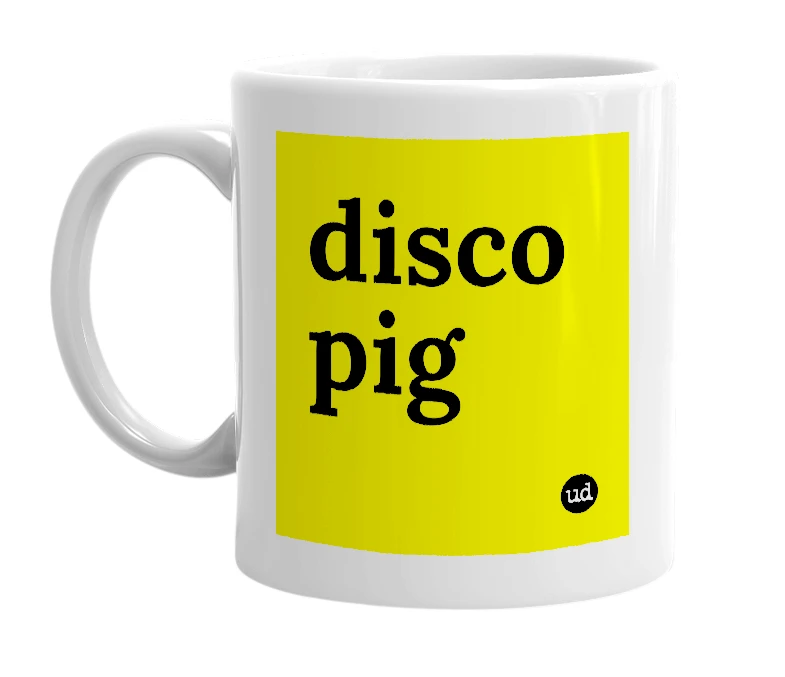 White mug with 'disco pig' in bold black letters