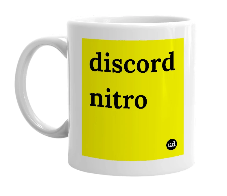White mug with 'discord nitro' in bold black letters