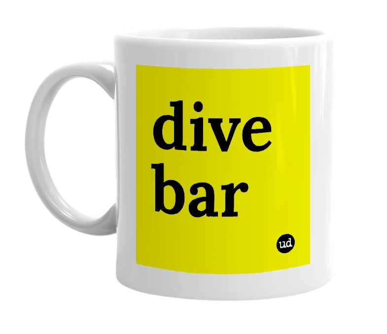 White mug with 'dive bar' in bold black letters