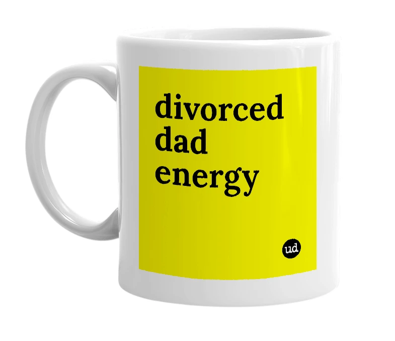 White mug with 'divorced dad energy' in bold black letters