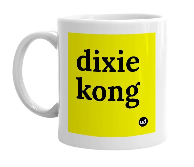 White mug with 'dixie kong' in bold black letters