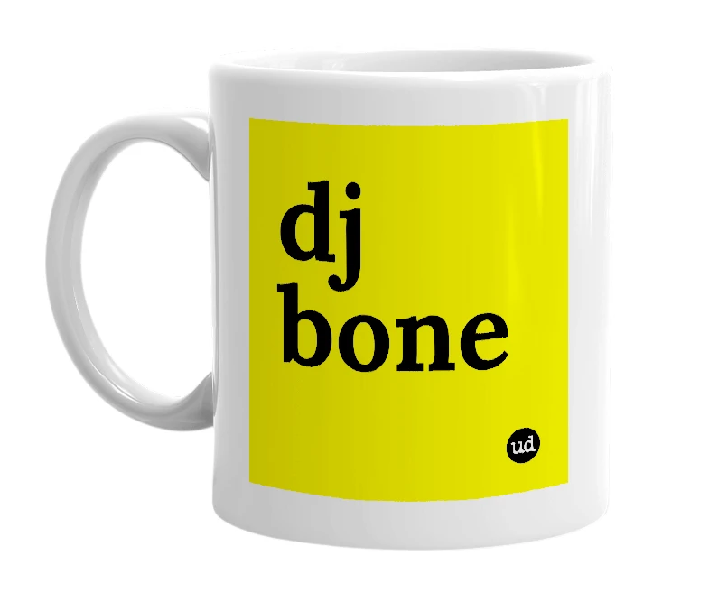 White mug with 'dj bone' in bold black letters