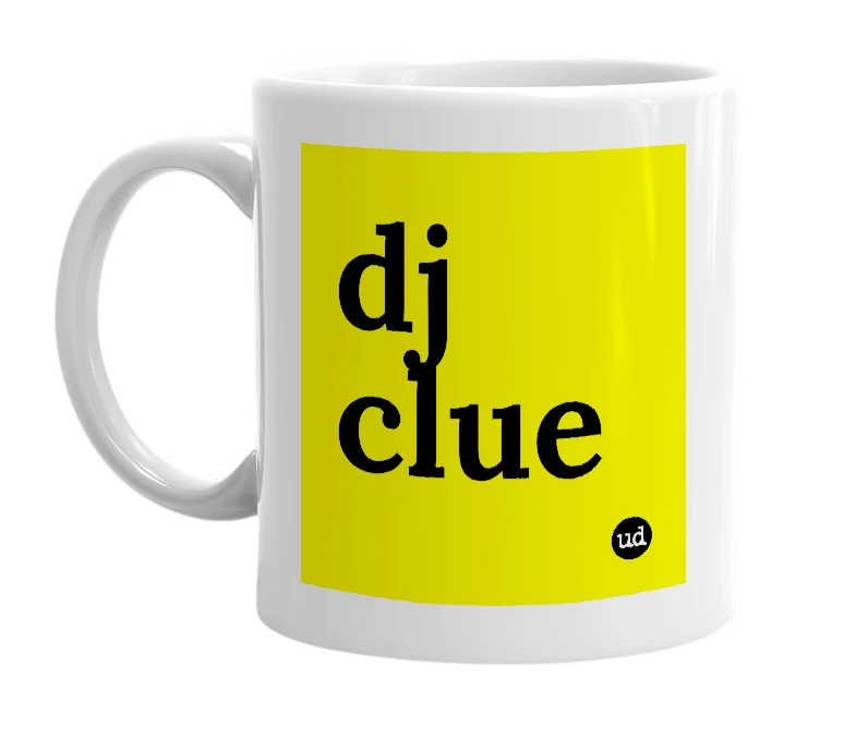 White mug with 'dj clue' in bold black letters