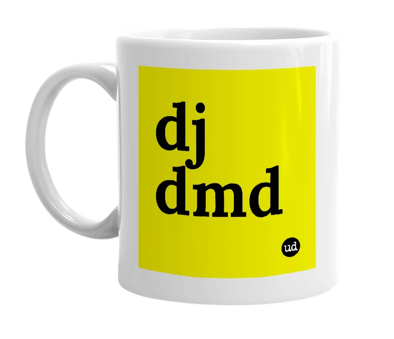 White mug with 'dj dmd' in bold black letters