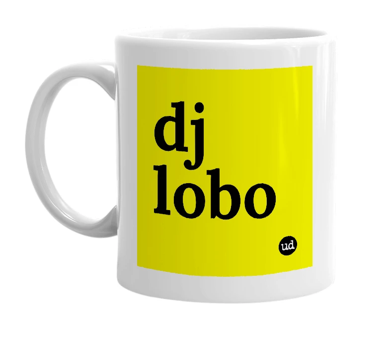 White mug with 'dj lobo' in bold black letters