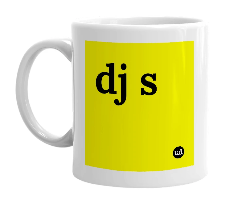 White mug with 'dj s' in bold black letters