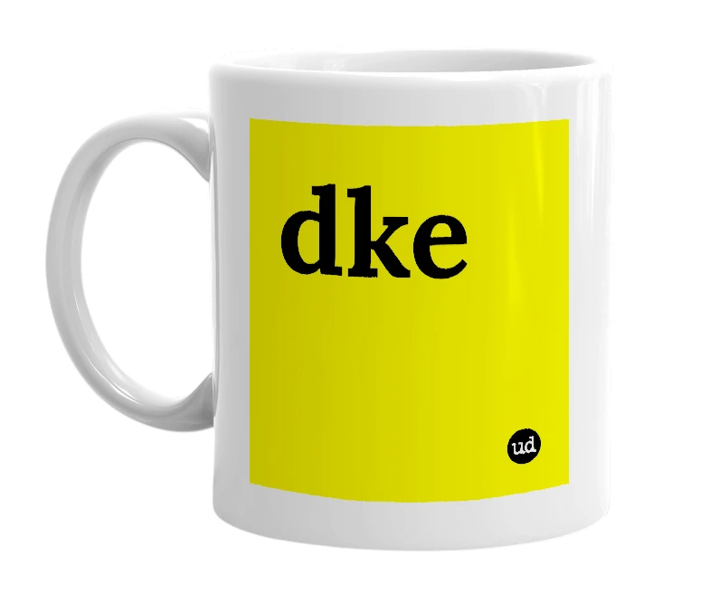White mug with 'dke' in bold black letters
