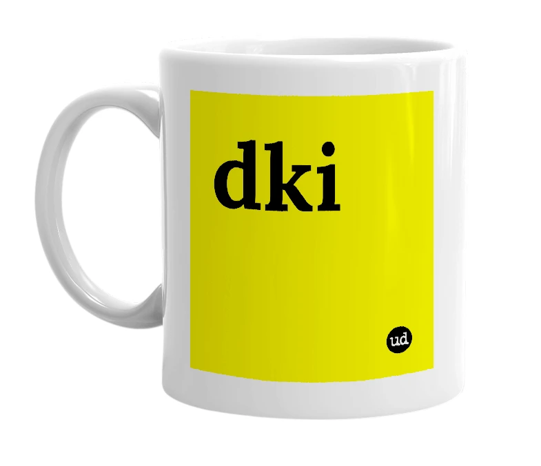 White mug with 'dki' in bold black letters