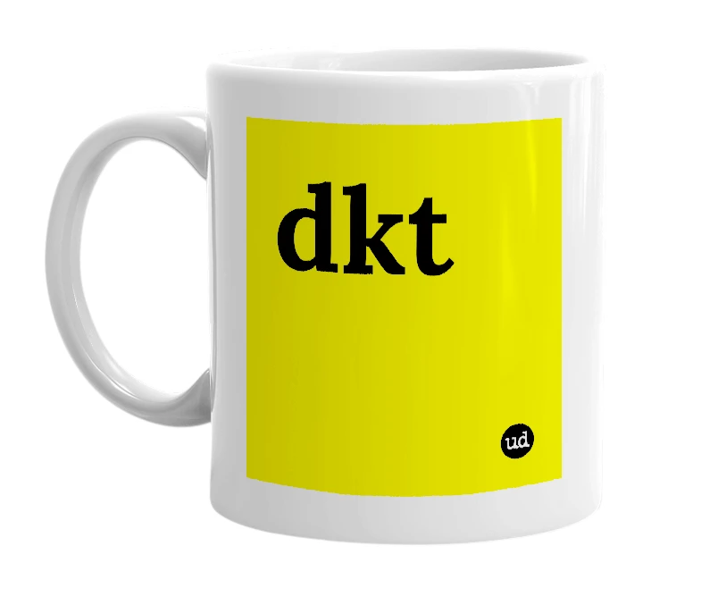 White mug with 'dkt' in bold black letters