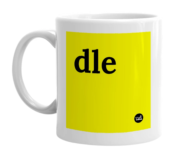 White mug with 'dle' in bold black letters