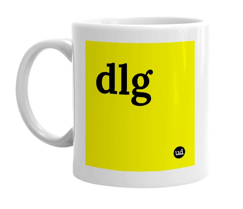 White mug with 'dlg' in bold black letters