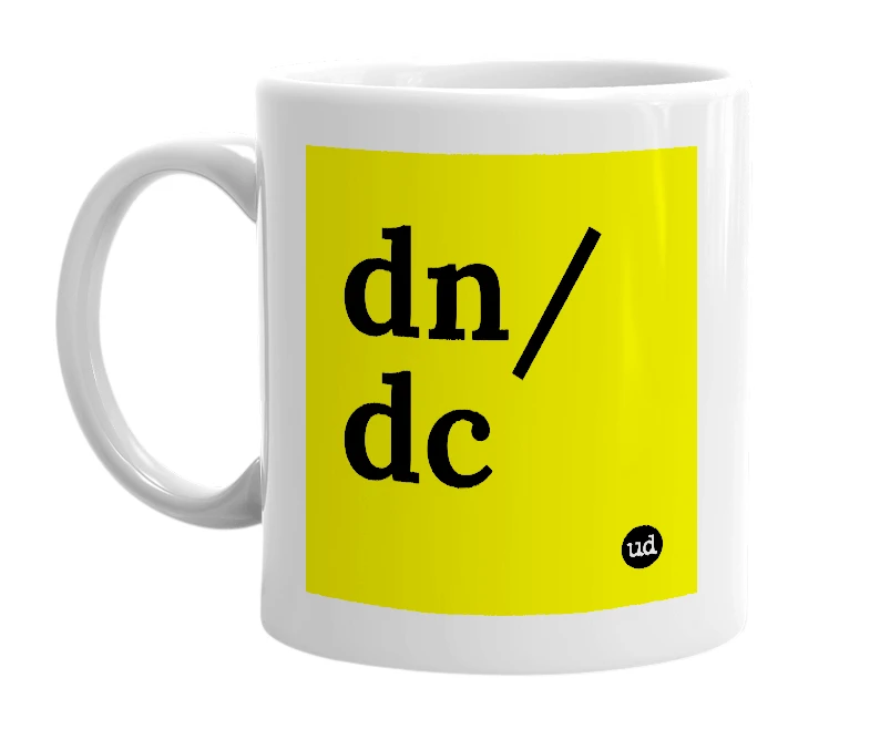 White mug with 'dn/dc' in bold black letters