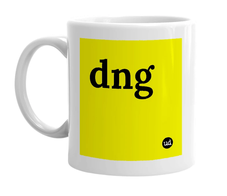 White mug with 'dng' in bold black letters