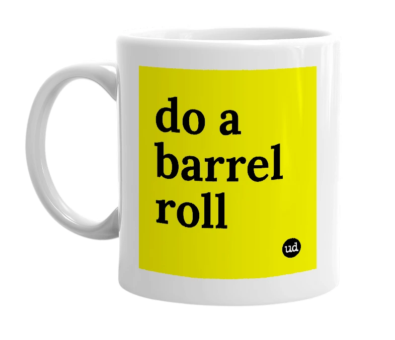 White mug with 'do a barrel roll' in bold black letters