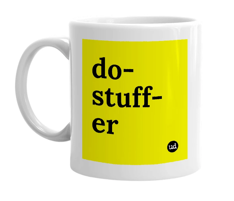 White mug with 'do-stuff-er' in bold black letters