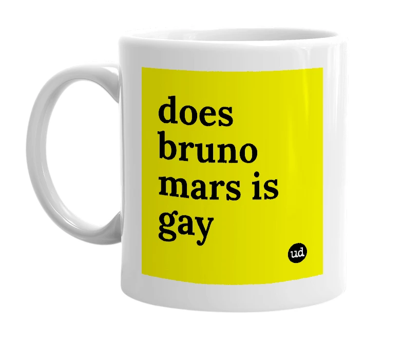 White mug with 'does bruno mars is gay' in bold black letters