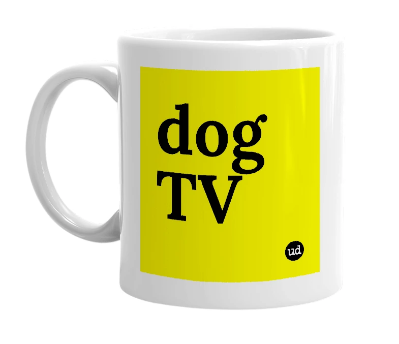 White mug with 'dog TV' in bold black letters