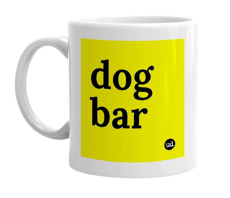 White mug with 'dog bar' in bold black letters