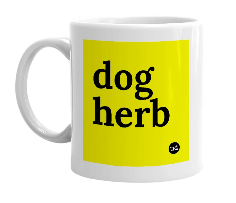 White mug with 'dog herb' in bold black letters