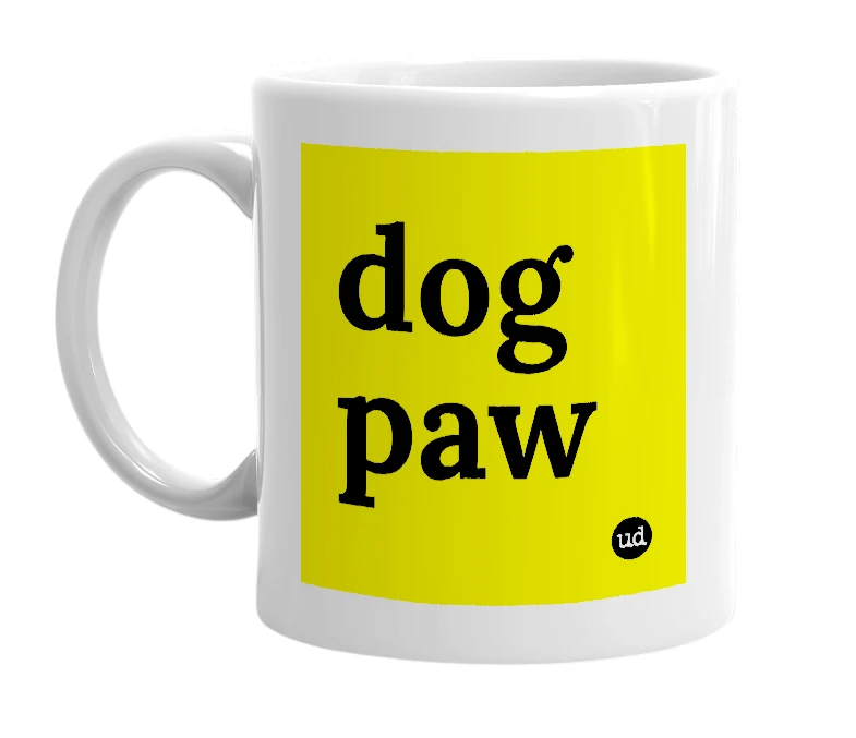 White mug with 'dog paw' in bold black letters