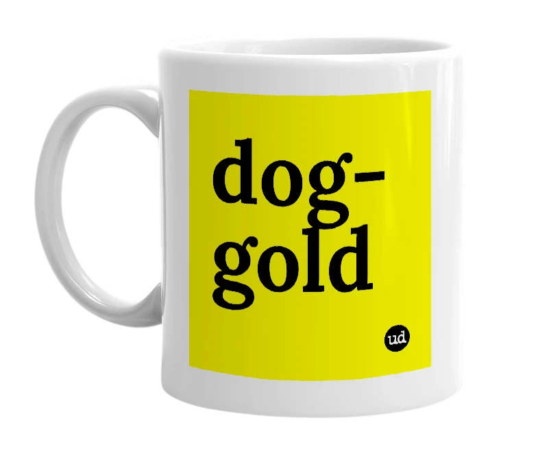 White mug with 'dog-gold' in bold black letters