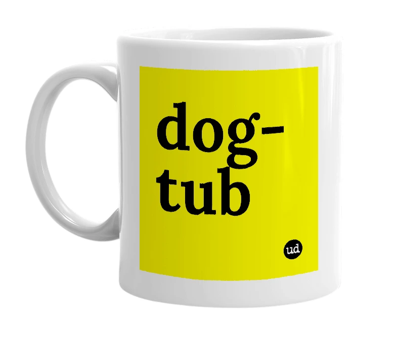 White mug with 'dog-tub' in bold black letters