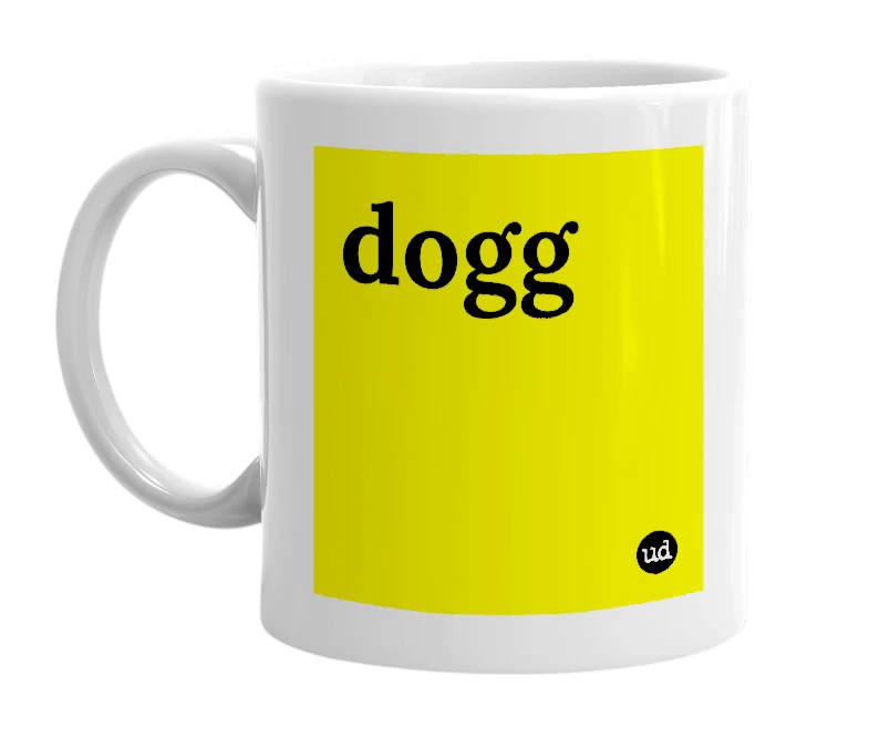 White mug with 'dogg' in bold black letters