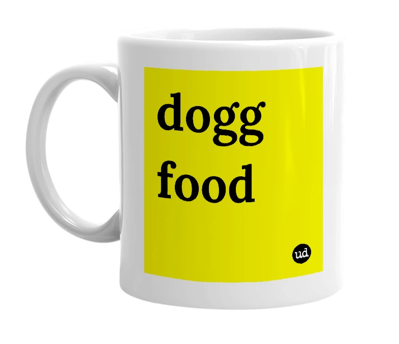 White mug with 'dogg food' in bold black letters