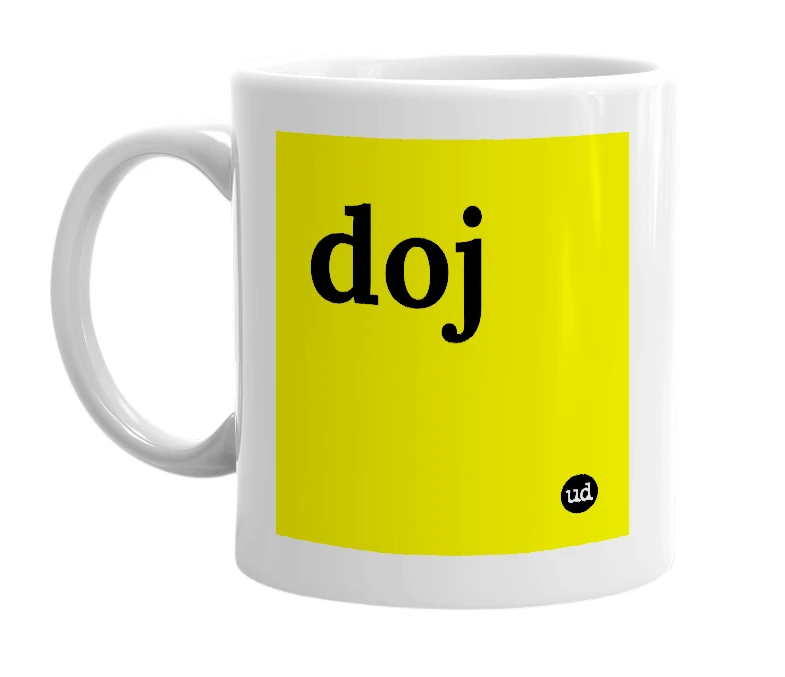 White mug with 'doj' in bold black letters