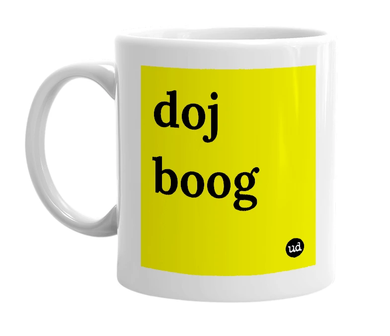 White mug with 'doj boog' in bold black letters