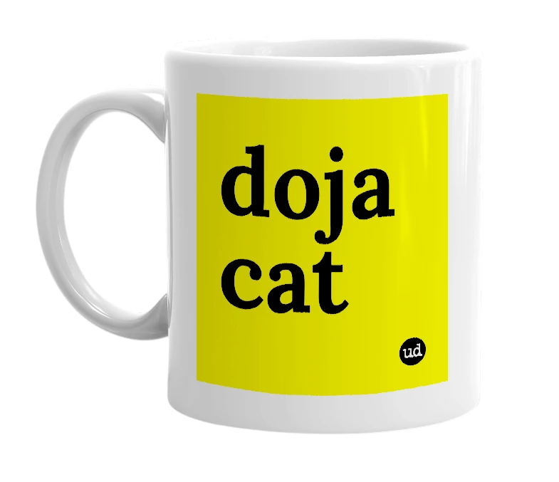 White mug with 'doja cat' in bold black letters