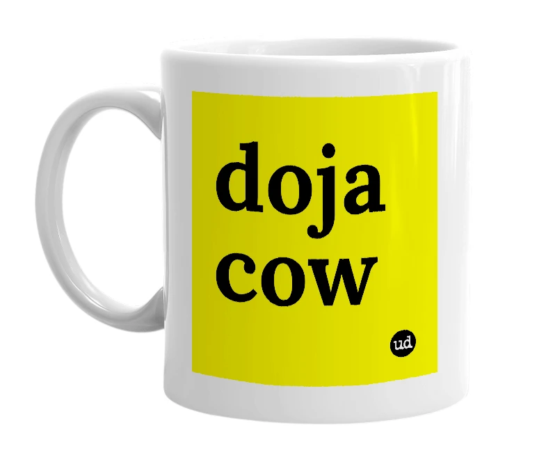 White mug with 'doja cow' in bold black letters