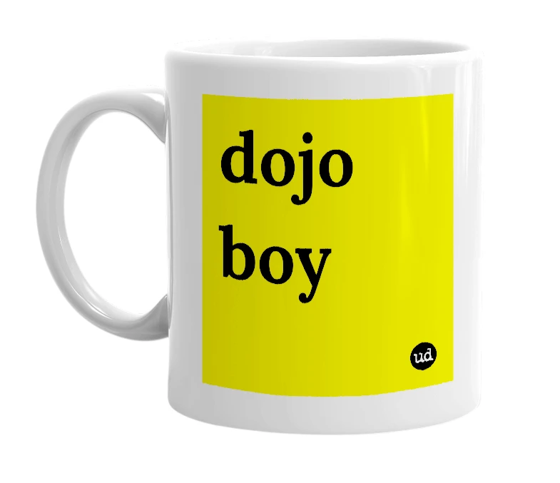 White mug with 'dojo boy' in bold black letters